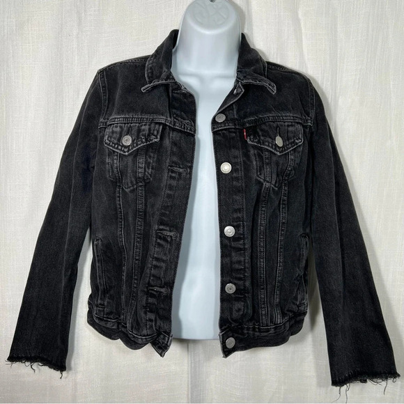 Levi’s Black Denim Trucker Jacket with Bow Accents - Picture 1 of 7